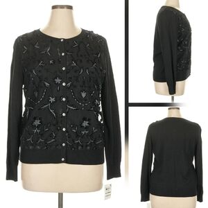 Charter Club Women's  Size XL Flocked Mesh Applique Black Cardigan Sweater